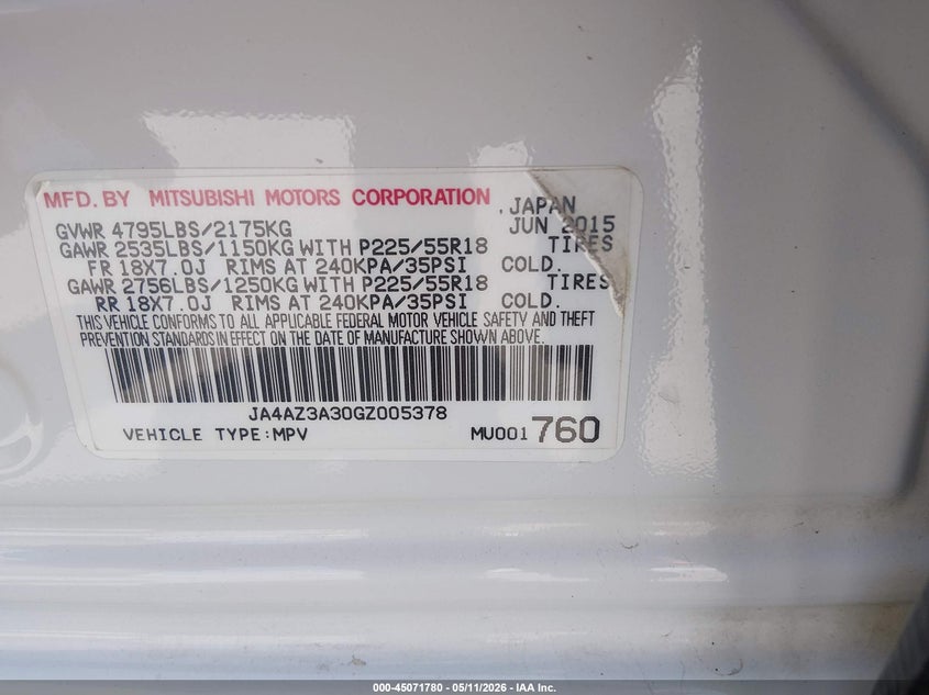 2016 Mitsubishi Outlander VIN JA4AZ3A30GZ005378 IAAI salvage auction — RIGHT FRONT, Salvage (Missouri), sold $1,300 on 2026-07-16 (photo 9)