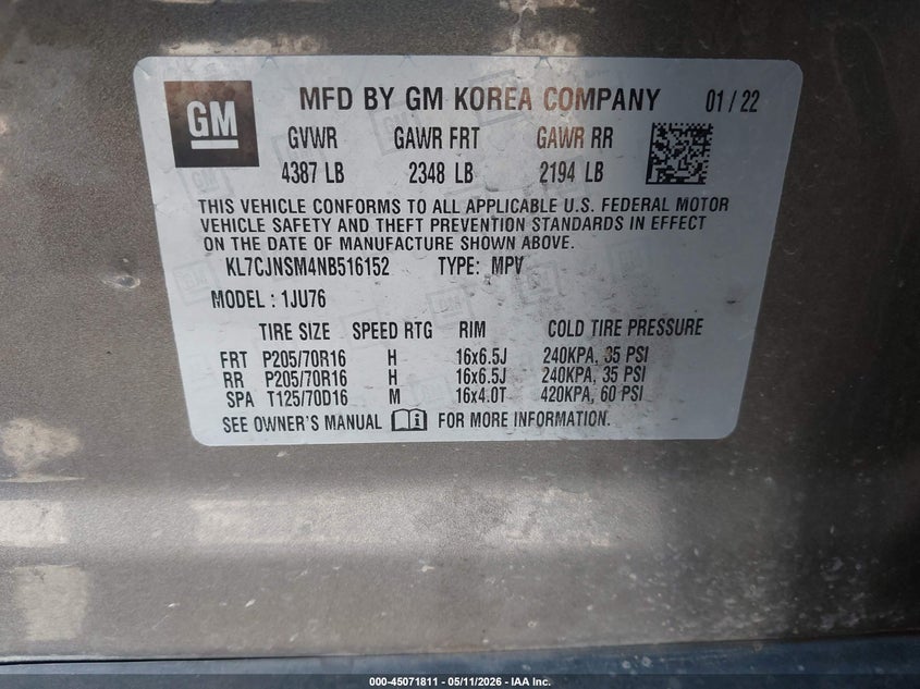 2022 Chevrolet Trax VIN KL7CJNSM4NB516152 IAAI salvage auction — RIGHT FRONT, Salvage (Texas), sold $1,625 on 2026-07-21 (photo 9)