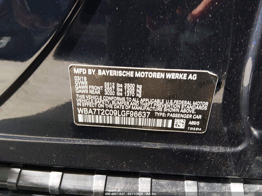 2020 BMW 7er VIN WBA7T2C09LGF96637 IAAI salvage auction — FRONT END, Salvage Title, sold $13,900 on 2026-09-11 (photo 9)