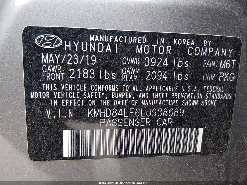 2020 Hyundai Elantra VIN KMHD84LF6LU938689 IAAI salvage auction — FRONT END, Salvage (New Jersey), sold $2,650 on 2026-07-06 (photo 9)