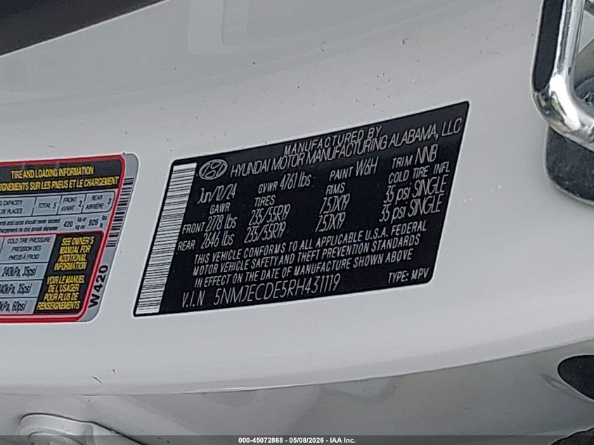 2024 Hyundai Tucson VIN 5NMJECDE5RH431119 IAAI salvage auction — FRONT END, Salvage (Indiana), sold $7,850 on 2026-07-18 (photo 9)