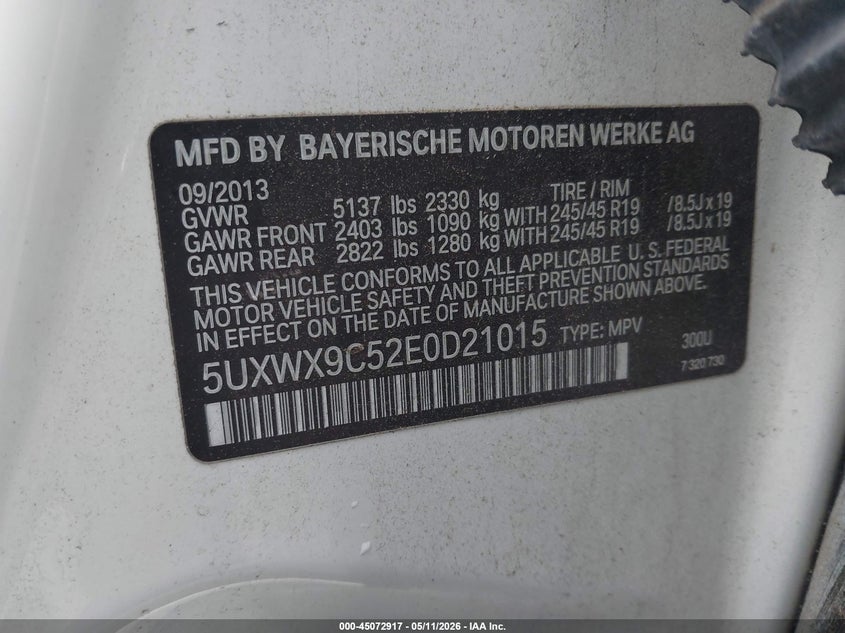 2014 BMW X3 VIN 5UXWX9C52E0D21015 IAAI salvage auction — LEFT FRONT, Salvage - Greater Than 75% (Maryland), sold $1,500 on 2026-07-16 (photo 9)