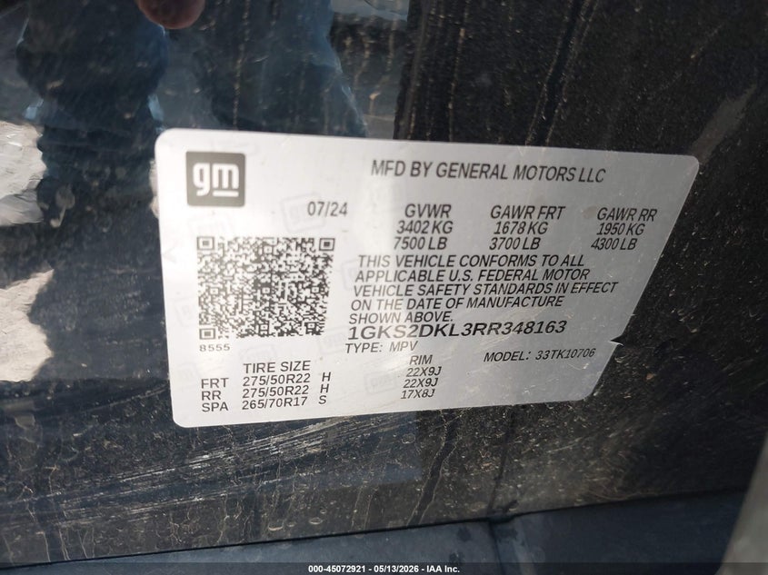 2024 Gmc Yukon VIN 1GKS2DKL3RR348163 IAAI salvage auction — RIGHT FRONT, Salvage Title, sold $28,750 on 2026-07-28 (photo 9)