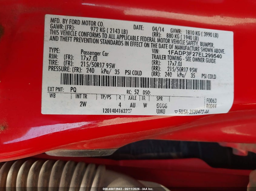 2014 Ford Focus VIN 1FADP3F27EL299540 IAAI salvage auction — REAR END, Original (Texas), sold $650 on 2026-07-27 (photo 9)
