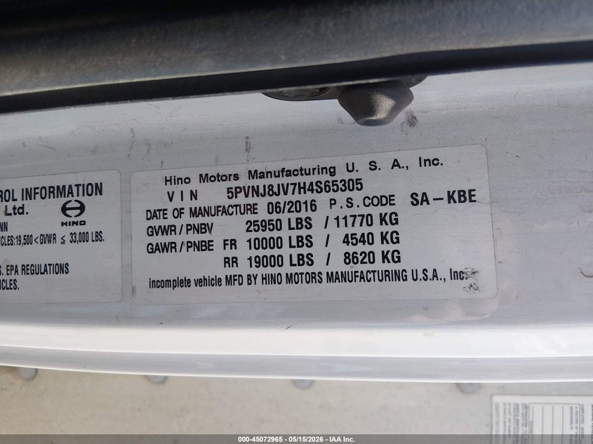 2017 Hino 258/268 VIN 5PVNJ8JV7H4S65305 IAAI salvage auction — Unknown, Clear (Colorado), sold $25 on 2026-07-29 (photo 8)
