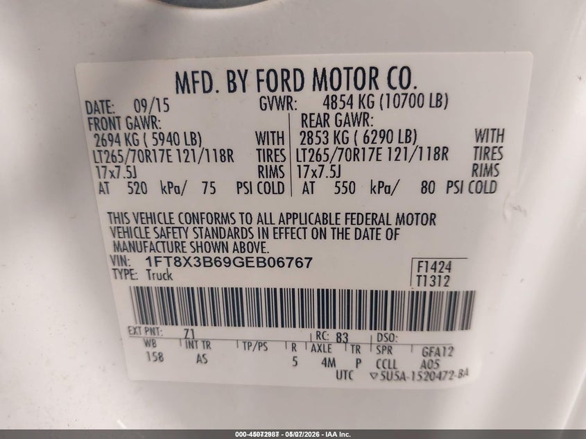 2016 Ford VIN 1FT8X3B69GEB06767 IAAI salvage auction — NORMAL WEAR, Sf97 (New York), sold $8,500 on 2026-07-31 (photo 9)