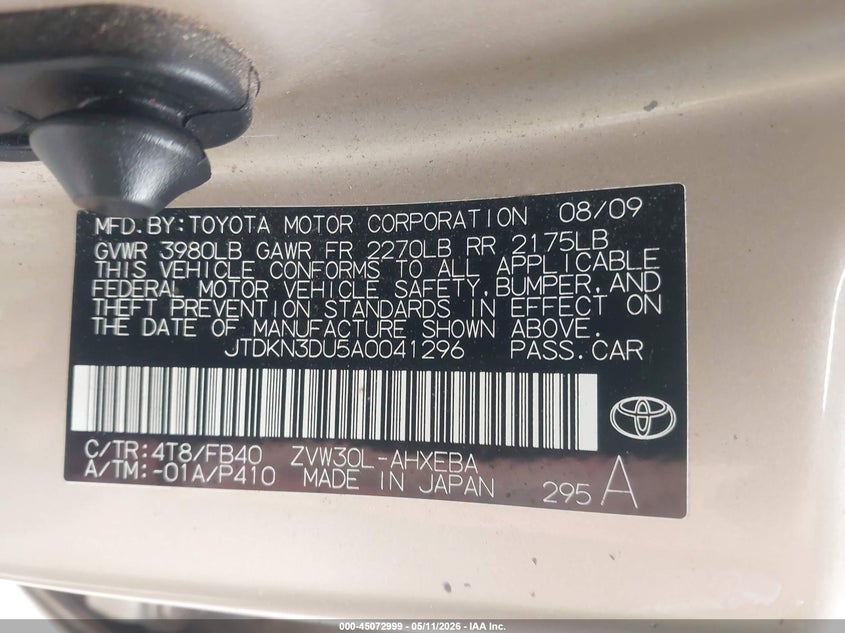 2010 Toyota Prius VIN JTDKN3DU5A0041296 IAAI salvage auction — NORMAL WEAR, Clear (California), sold $675 on 2026-07-28 (photo 9)