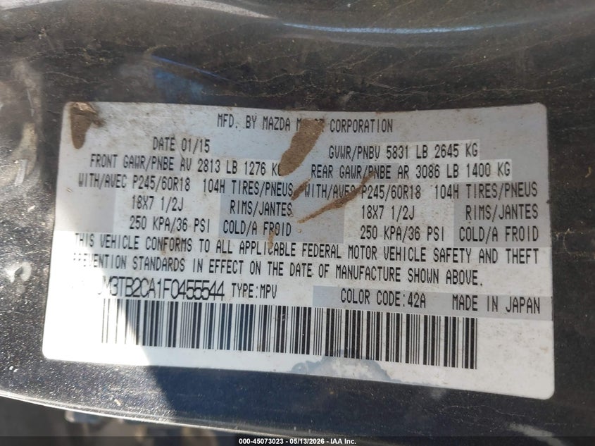 2015 Mazda Cx-9 VIN JM3TB2CA1F0455544 IAAI salvage auction — ROLLOVER, Rebuildable (Florida), sold $300 on 2026-07-09 (photo 9)