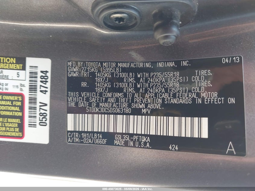 2013 Toyota Sienna VIN 5TDDK3DC5DS063180 IAAI salvage auction — LEFT FRONT, Salvage (Illinois), sold $2,000 on 2026-07-22 (photo 9)