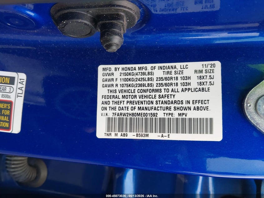 2021 Honda Cr-v VIN 7FARW2H80ME001592 IAAI salvage auction — FRONT END, Salvage (Massachusetts), sold $9,200 on 2026-07-24 (photo 9)