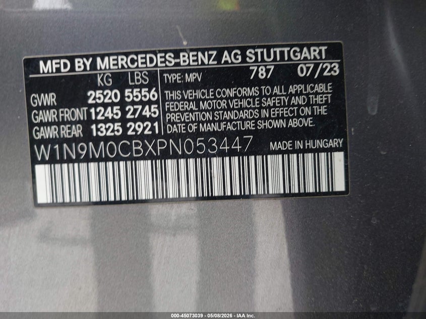 2023 Mercedes-benz VIN W1N9M0CBXPN053447 IAAI salvage auction — FRONT END, Original (Texas), sold $11,500 on 2026-07-16 (photo 9)