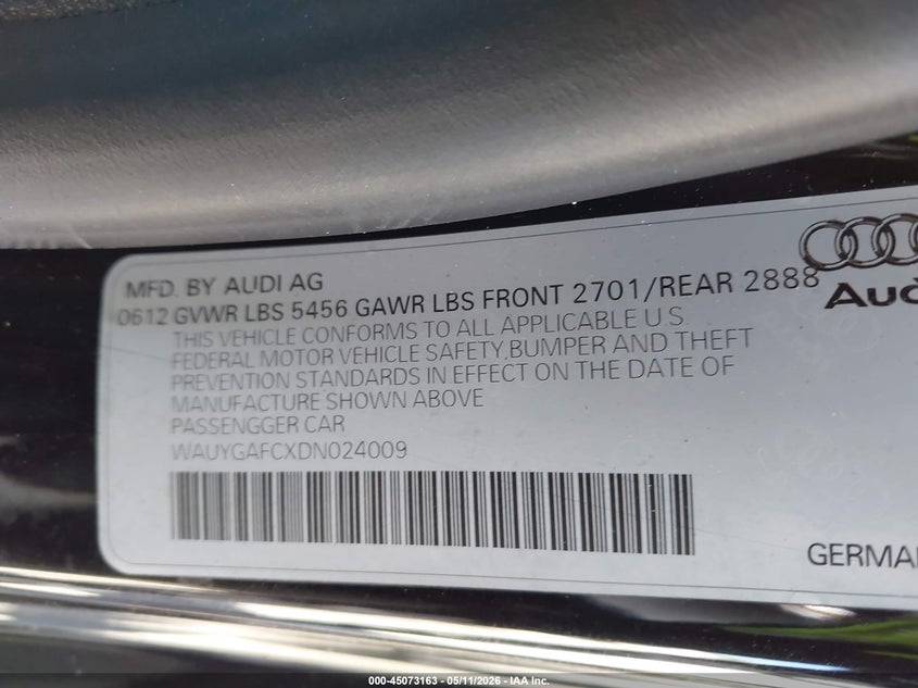 2013 Audi A7 VIN WAUYGAFCXDN024009 IAAI salvage auction — FRONT END, Junk Bill Of Sale Mv2459 (Wisconsin), sold $400 on 2026-07-21 (photo 9)