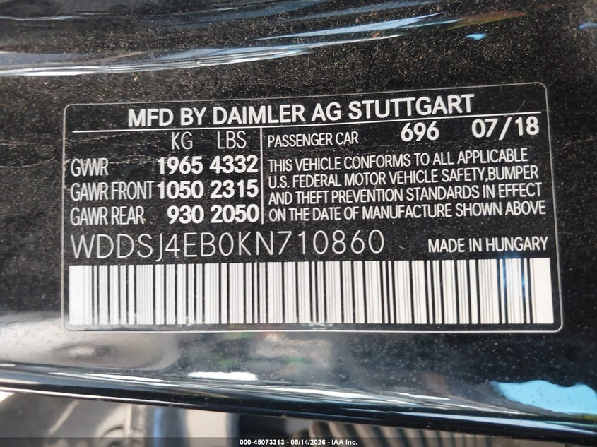 2019 Mercedes-benz Cla-klasse VIN WDDSJ4EB0KN710860 IAAI salvage auction — FRONT & REAR, Original (Texas), sold $2,150 on 2026-07-29 (photo 9)