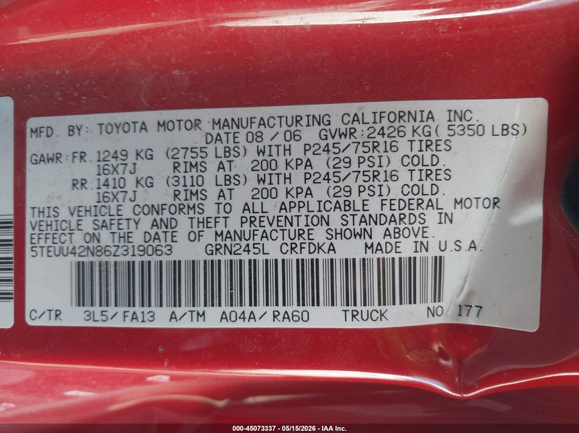 2006 Toyota Tacoma VIN 5TEUU42N86Z319063 IAAI salvage auction — SIDE, Salvage (Utah), sold $3,450 on 2026-07-16 (photo 9)