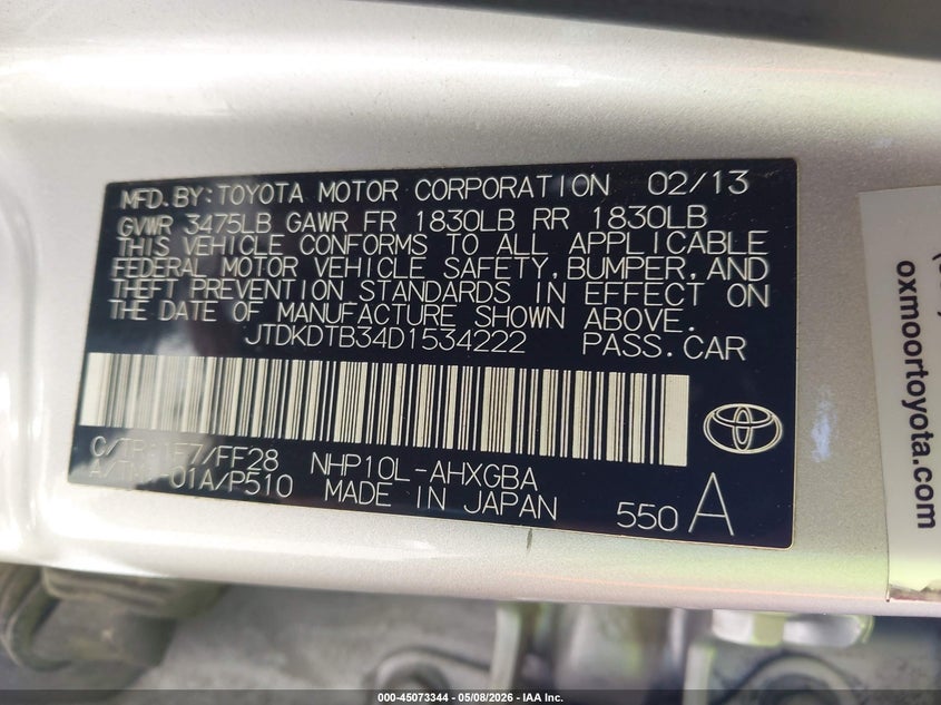 2013 Toyota Prius c VIN JTDKDTB34D1534222 IAAI salvage auction — SIDE, Salvage (North Carolina), sold $725 on 2026-07-09 (photo 9)