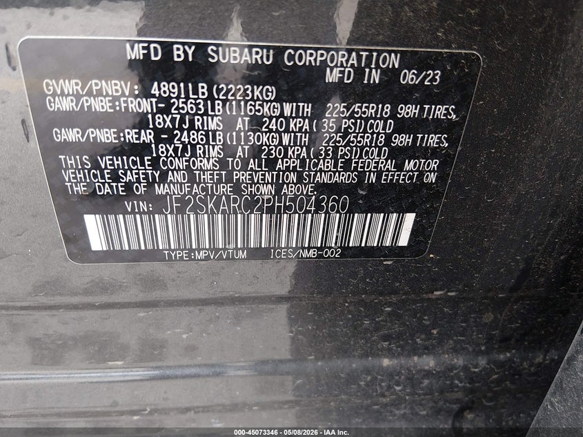 2023 Subaru Forester VIN JF2SKARC2PH504360 IAAI salvage auction — FRONT END, Original (Texas), sold $8,300 on 2026-07-30 (photo 9)