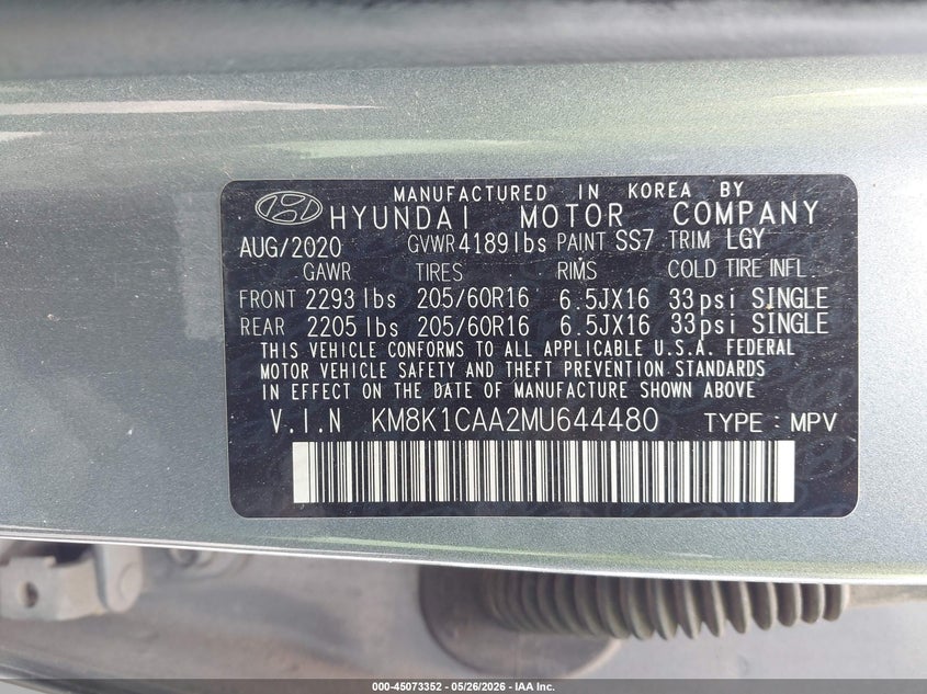 2021 Hyundai Kona VIN KM8K1CAA2MU644480 IAAI salvage auction — FRONT END, Salvage (Texas), sold $1,050 on 2026-07-21 (photo 9)