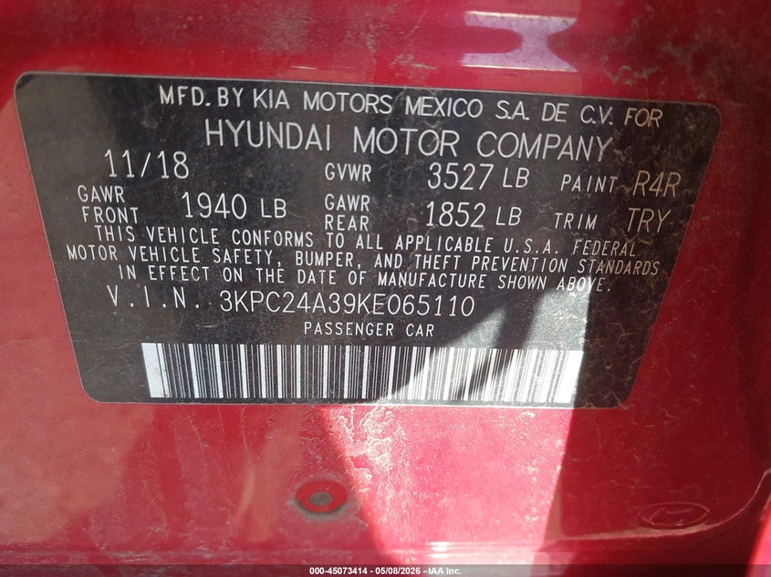 2019 Hyundai Accent VIN 3KPC24A39KE065110 IAAI salvage auction — REAR END, Salvage (Indiana), sold $1,500 on 2026-07-18 (photo 9)