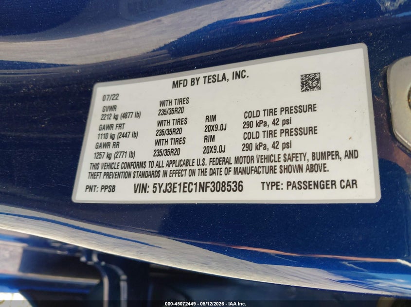 2022 Tesla Model 3 VIN 5YJ3E1EC1NF308536 IAAI salvage auction — FRONT END, Salvage (North Carolina), sold $7,200 on 2026-07-15 (photo 9)
