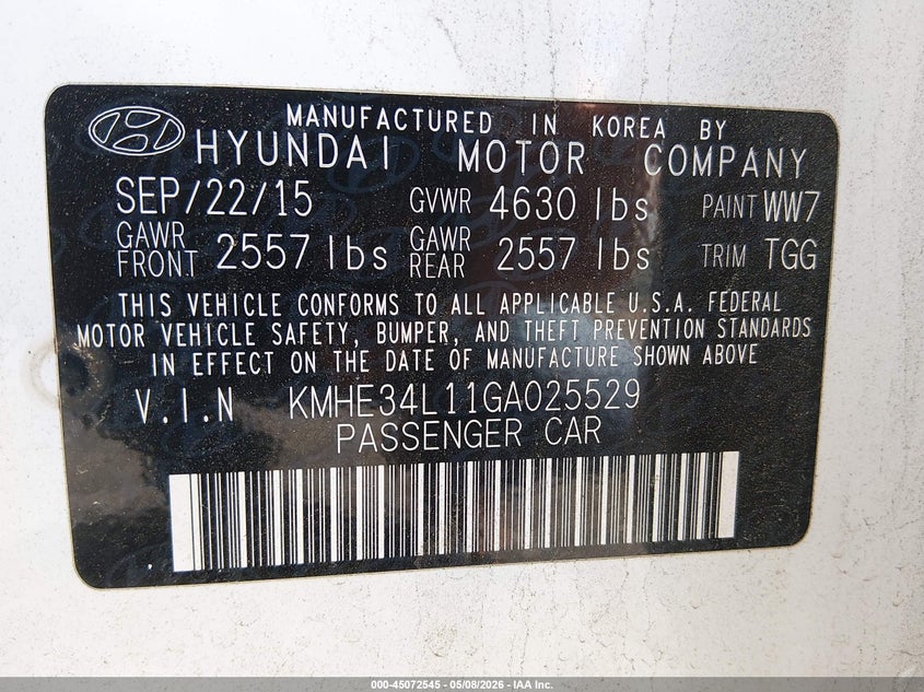 2016 Hyundai Sonata VIN KMHE34L11GA025529 IAAI salvage auction — RIGHT FRONT, Clear (South Carolina), sold $2,400 on 2026-07-07 (photo 9)
