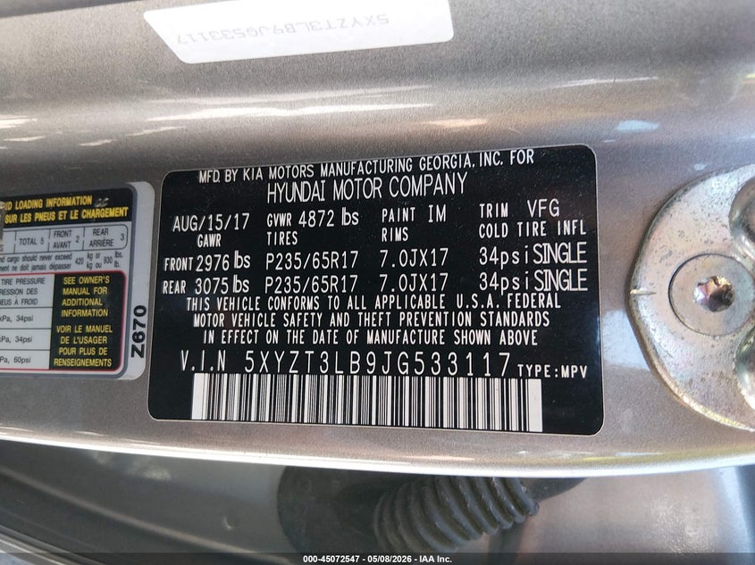 2018 Hyundai Santa fe VIN 5XYZT3LB9JG533117 IAAI salvage auction — SIDE, Salvage Title, sold $2,000 on 2026-07-31 (photo 9)