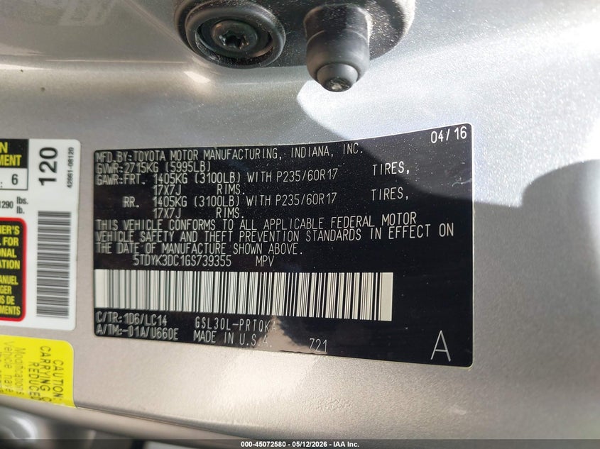 2016 Toyota Sienna VIN 5TDYK3DC1GS739355 IAAI salvage auction — LEFT SIDE, Salvage (North Carolina), sold $4,025 on 2026-07-20 (photo 9)