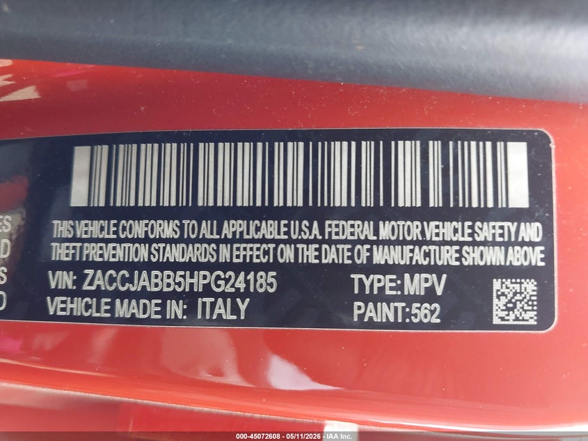 2017 Jeep Renegade VIN ZACCJABB5HPG24185 IAAI salvage auction — REAR END, Salvage Title, sold $1,450 on 2026-07-09 (photo 9)