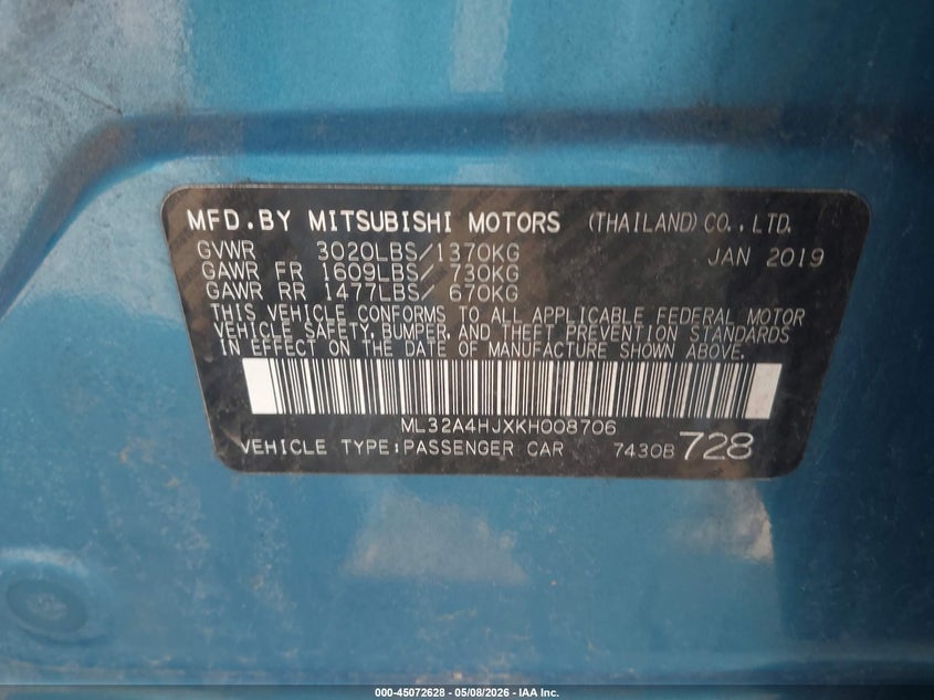 2019 Mitsubishi Mirage VIN ML32A4HJXKH008706 IAAI salvage auction — RIGHT FRONT, Salvage (Illinois), sold $1,200 on 2026-07-15 (photo 9)