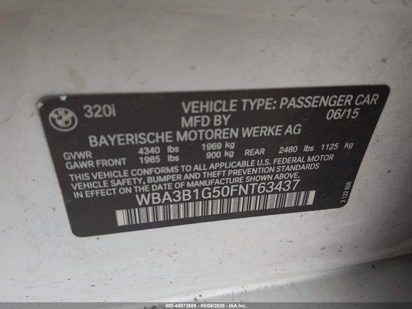 2015 BMW 3er VIN WBA3B1G50FNT63437 IAAI salvage auction — INTERIOR BURN, Salvage (Texas), sold $525 on 2026-07-21 (photo 9)