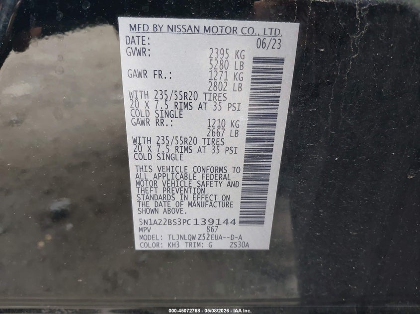 2023 Nissan Murano VIN 5N1AZ2BS3PC139144 IAAI salvage auction — RIGHT SIDE, Salvage (Idaho), sold $7,100 on 2026-07-15 (photo 9)