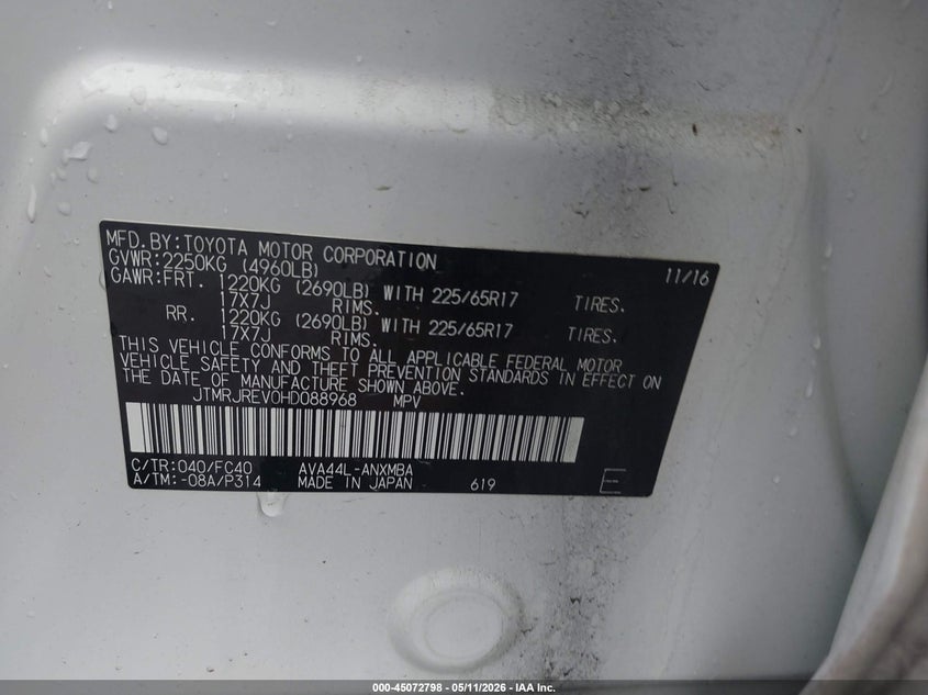 2017 Toyota Rav 4 VIN JTMRJREV0HD088968 IAAI salvage auction — FRONT END, Salvage (Virginia), sold $3,300 on 2026-07-21 (photo 9)