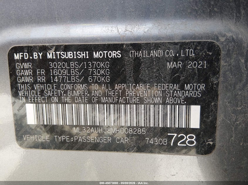 2021 Mitsubishi Mirage VIN ML32AUHJ8MH008285 IAAI salvage auction — FRONT END, Salvage (Iowa), sold $1,250 on 2026-07-07 (photo 9)