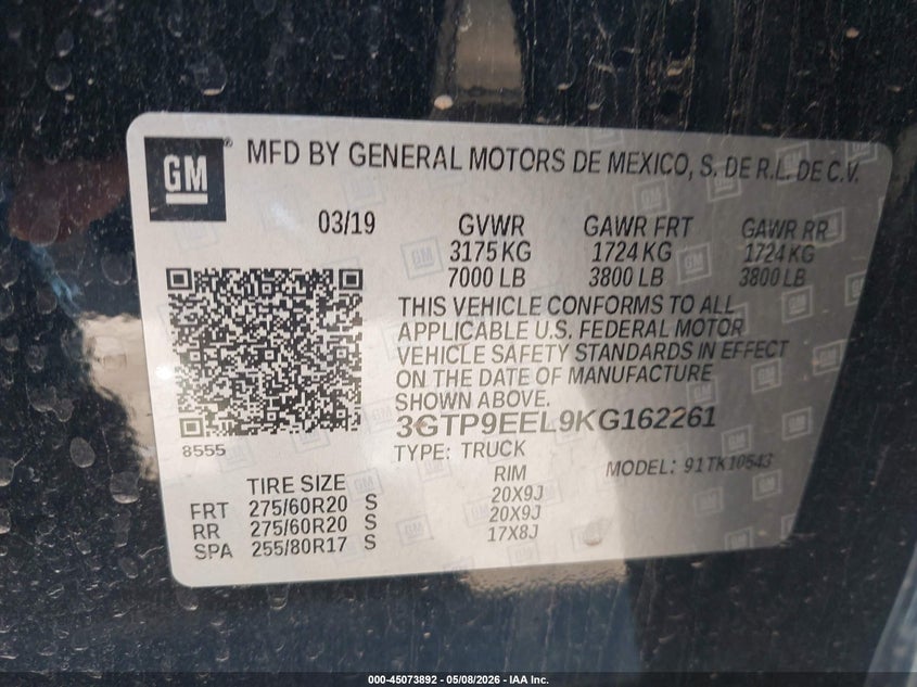 2019 Gmc SIERRA VIN 3GTP9EEL9KG162261 IAAI salvage auction — FRONT END, Original (Texas), sold $6,100 on 2026-07-10 (photo 9)