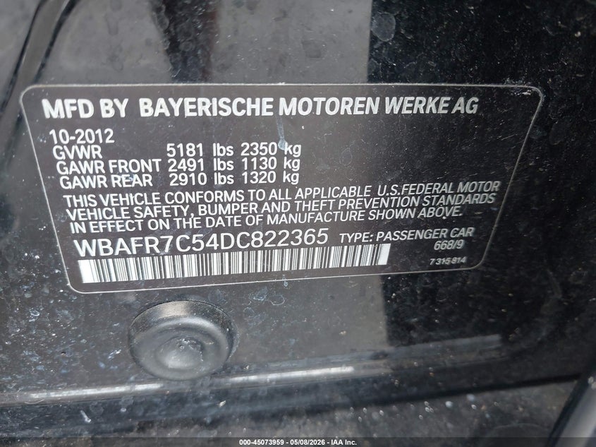 2013 BMW 5er VIN WBAFR7C54DC822365 IAAI salvage auction — NORMAL WEAR, Clear (Montana), sold $550 on 2026-07-29 (photo 9)