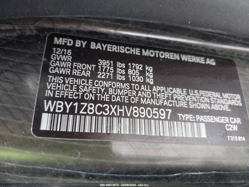 2017 BMW I3 VIN WBY1Z8C3XHV890597 IAAI salvage auction — RIGHT SIDE, Original (Texas), sold $3,750 on 2026-07-09 (photo 9)