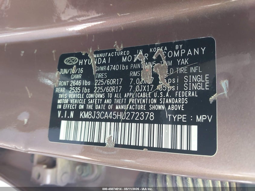 2017 Hyundai Tucson VIN KM8J3CA45HU272378 IAAI salvage auction — RIGHT FRONT, Original (Texas), sold $2,500 on 2026-07-07 (photo 9)