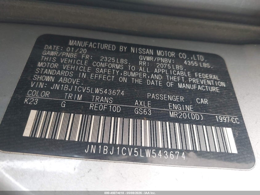 2020 Nissan Rogue VIN JN1BJ1CV5LW543674 IAAI salvage auction — FRONT END, Salvage (Texas), sold $1,000 on 2026-07-09 (photo 9)