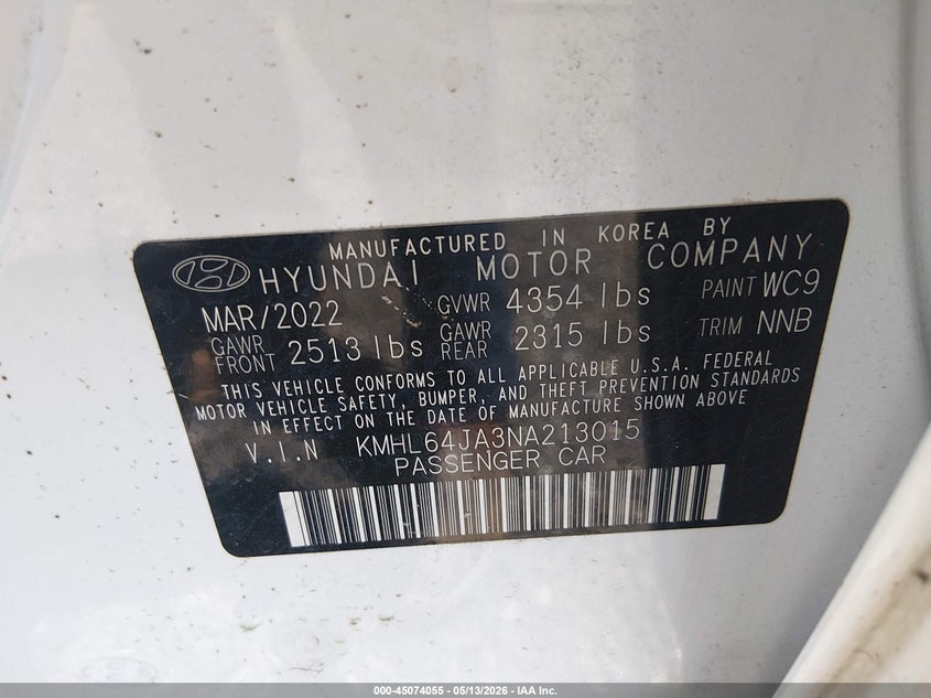2022 Hyundai Sonata VIN KMHL64JA3NA213015 IAAI salvage auction — REAR END, Salvage (South Carolina), sold $5,200 on 2026-07-14 (photo 9)