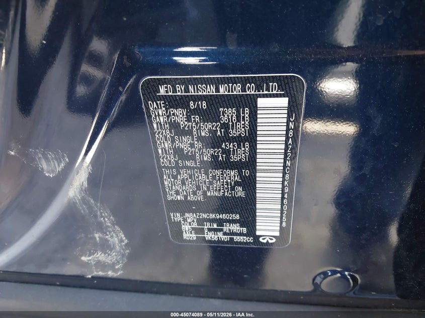 2019 Infiniti Qx80 VIN JN8AZ2NC8K9460258 IAAI salvage auction — ENGINE DAMAGE, Salvage (Oregon), sold $4,700 on 2026-07-30 (photo 9)