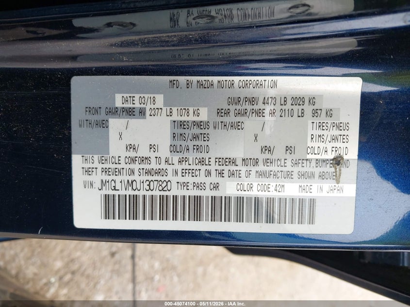 2018 Mazda 6 VIN JM1GL1VM0J1307820 IAAI salvage auction — FRONT END, Salvage (Texas), sold $1,125 on 2026-07-14 (photo 9)