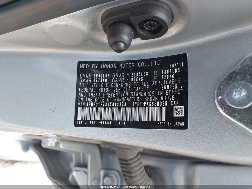 2018 Honda Civic VIN JHMFC1F78JX043178 IAAI salvage auction — LEFT SIDE, Salvage (Texas), sold $4,425 on 2026-07-07 (photo 9)
