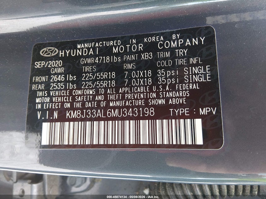 2021 Hyundai Tucson VIN KM8J33AL6MU343198 IAAI salvage auction — FRONT END, Salvage (Alabama), sold $2,500 on 2026-07-20 (photo 9)