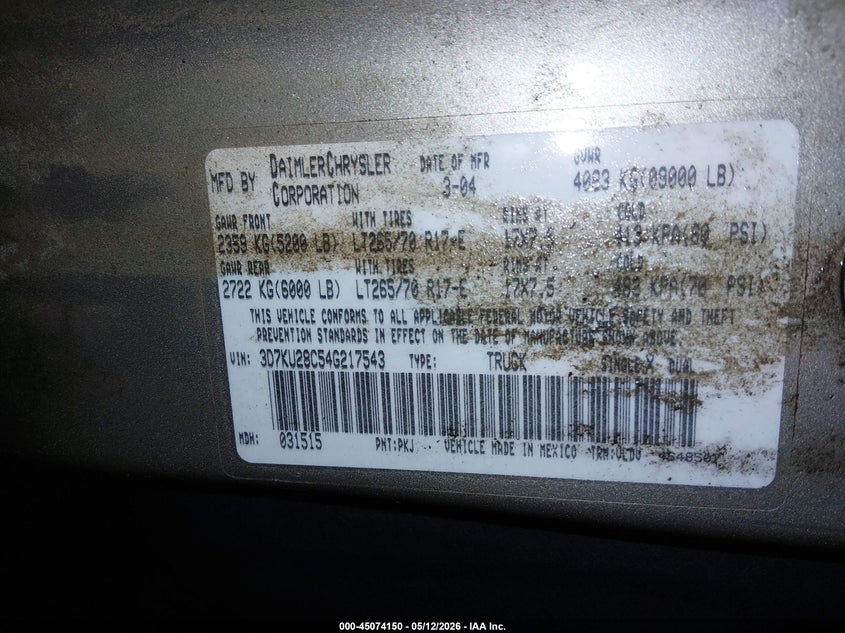 2004 Dodge Ram 2500 VIN 3D7KU28C54G217543 IAAI salvage auction — ROLLOVER, Salvage (Idaho), sold $1,250 on 2026-07-23 (photo 9)