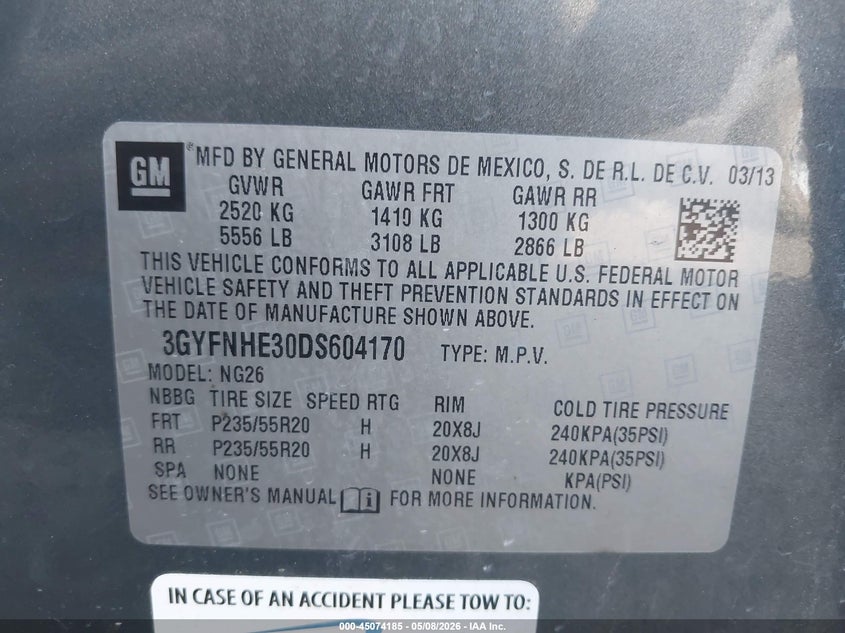 2013 Cadillac Srx VIN 3GYFNHE30DS604170 IAAI salvage auction — SIDE, Clear (Oklahoma), sold $2,150 on 2026-08-01 (photo 9)