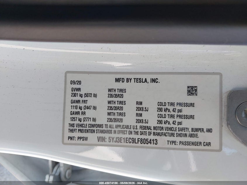 2020 Tesla Model 3 VIN 5YJ3E1EC9LF805413 IAAI salvage auction — FRONT END, Salvage (California), sold $7,800 on 2026-07-09 (photo 9)