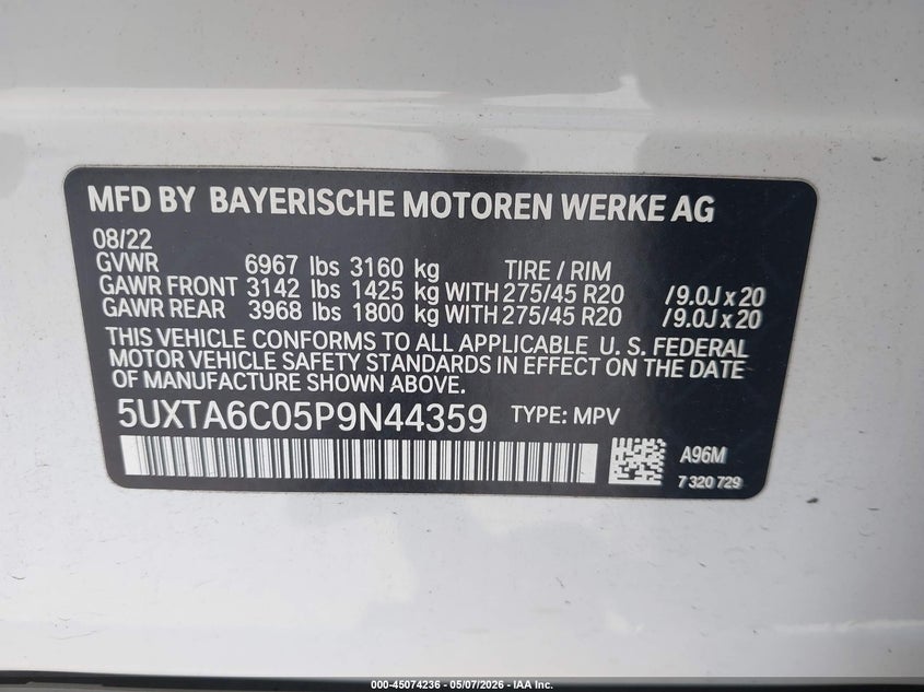2023 BMW VIN 5UXTA6C05P9N44359 IAAI salvage auction — FRONT END, Rebuildable (Florida), sold $33,500 on 2026-07-20 (photo 9)