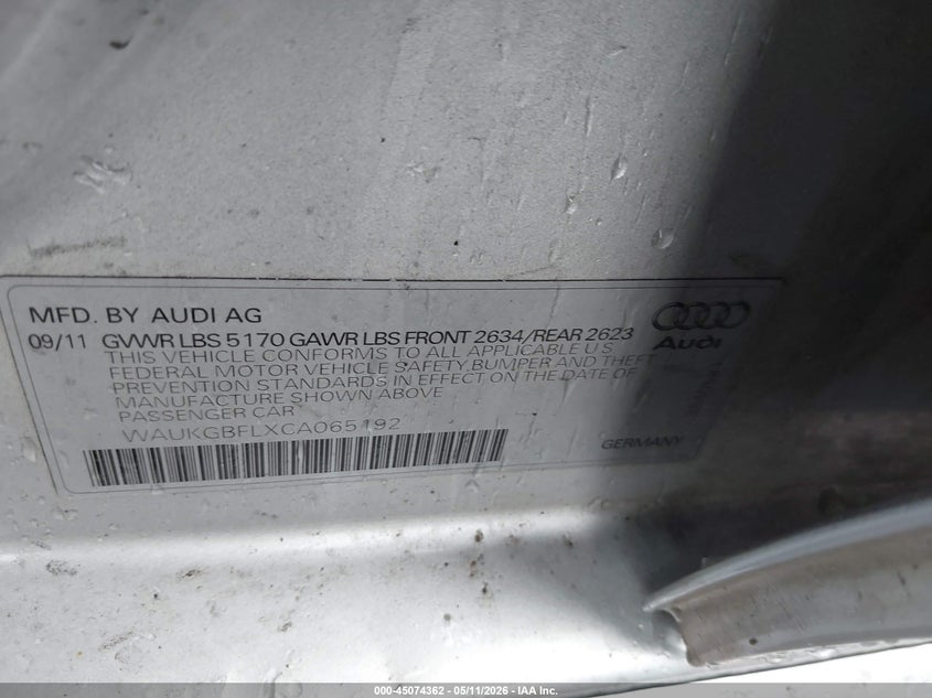 2012 Audi S4 VIN WAUKGBFLXCA065192 IAAI salvage auction — LEFT & RIGHT, Salvage - Greater Than 75% (Maryland), sold $725 on 2026-07-15 (photo 9)