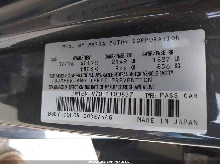 2017 Mazda 3 VIN JM1BN1V70H1100837 IAAI salvage auction — HAIL, Original (Texas), sold $3,800 on 2026-07-28 (photo 9)