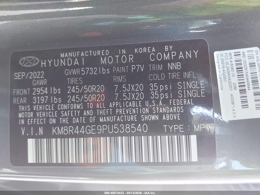 2023 Hyundai Palisade VIN KM8R44GE9PU538540 IAAI salvage auction — HAIL, Original (Texas), sold $13,100 on 2026-07-28 (photo 9)