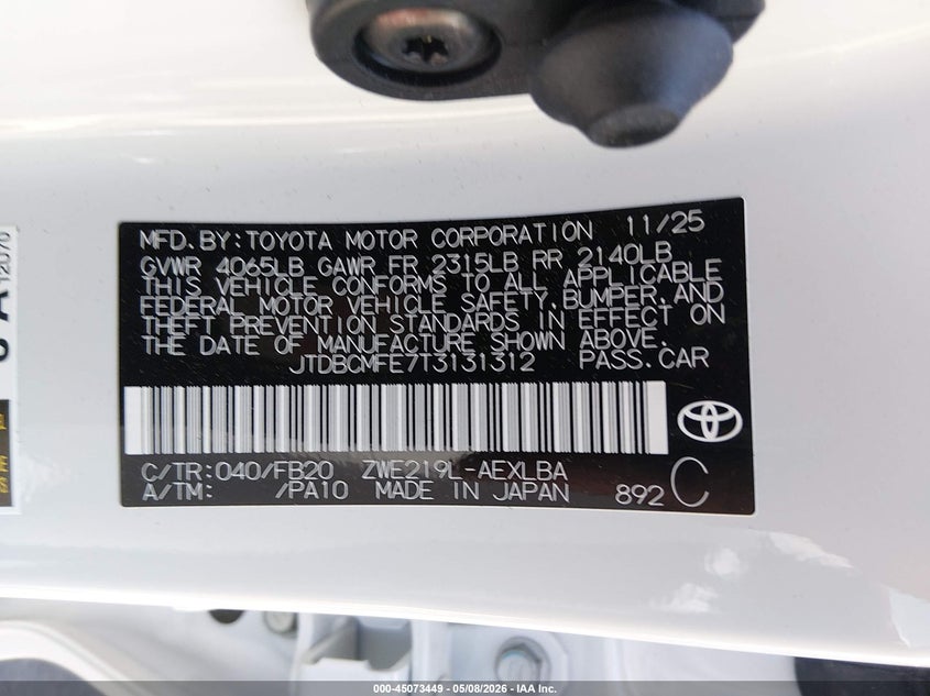 2026 Toyota Corolla VIN JTDBCMFE7T3131312 IAAI salvage auction — REAR END, Salvage (North Carolina), sold $8,400 on 2026-07-15 (photo 9)